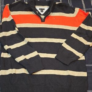 Tommy Hilfiger Men's Striped Zip-Up Sweater - Black, Cream, Orange